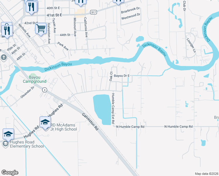 map of restaurants, bars, coffee shops, grocery stores, and more near 5001 Oak Court in Dickinson