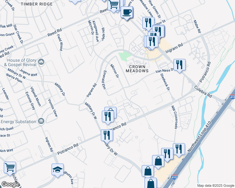 map of restaurants, bars, coffee shops, grocery stores, and more near 7931 M G Road in San Antonio