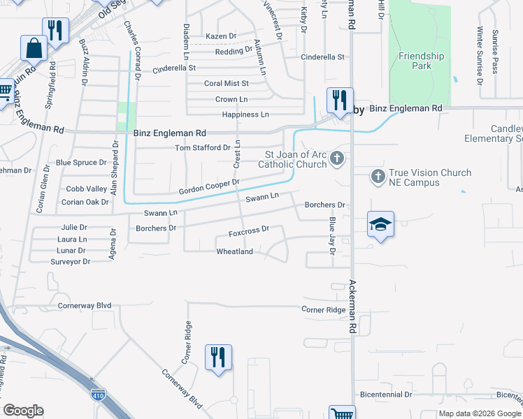 map of restaurants, bars, coffee shops, grocery stores, and more near 5226 Borchers Drive in San Antonio