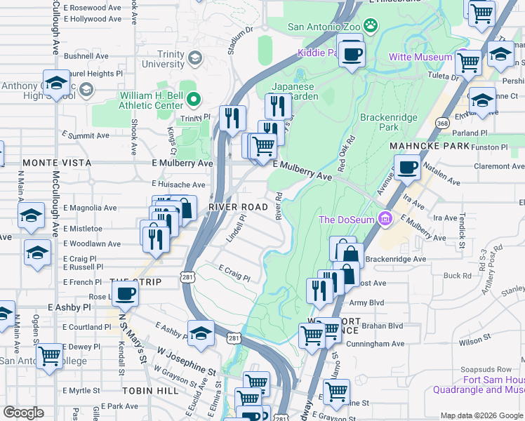 map of restaurants, bars, coffee shops, grocery stores, and more near 830 East Magnolia Avenue in San Antonio