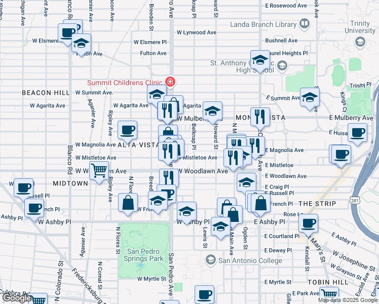map of restaurants, bars, coffee shops, grocery stores, and more near 307 West Mistletoe Avenue in San Antonio
