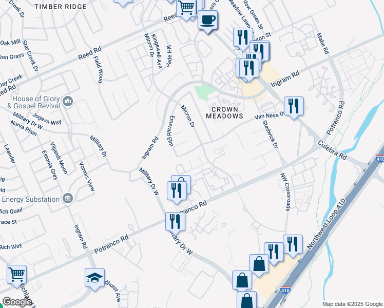 map of restaurants, bars, coffee shops, grocery stores, and more near 7931 M G Road in San Antonio