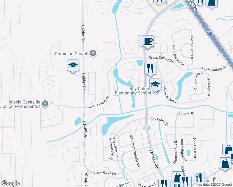map of restaurants, bars, coffee shops, grocery stores, and more near 2930 Flying Horse Lane in Dickinson