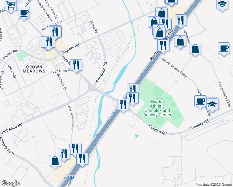 map of restaurants, bars, coffee shops, grocery stores, and more near 7139 Northwest Loop 410 in San Antonio