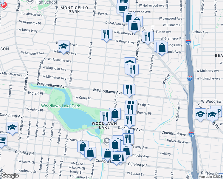 map of restaurants, bars, coffee shops, grocery stores, and more near 1830 West Woodlawn Avenue in San Antonio