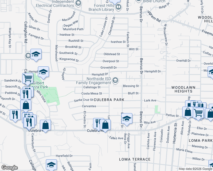 map of restaurants, bars, coffee shops, grocery stores, and more near 5310 Calistoga Street in San Antonio