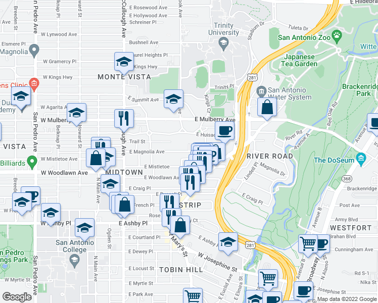 map of restaurants, bars, coffee shops, grocery stores, and more near East Magnolia Avenue in San Antonio