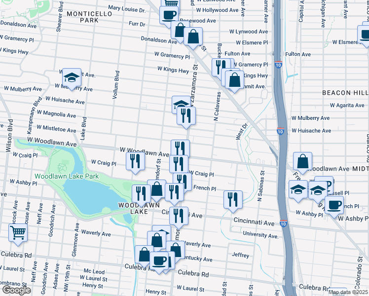 map of restaurants, bars, coffee shops, grocery stores, and more near 1715 West Woodlawn Avenue in San Antonio