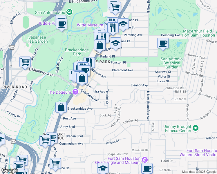 map of restaurants, bars, coffee shops, grocery stores, and more near 400 Eleanor Avenue in San Antonio