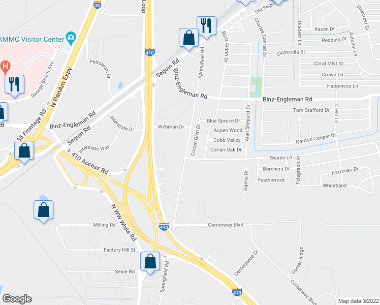 map of restaurants, bars, coffee shops, grocery stores, and more near 2509 Corian Glen Drive in San Antonio