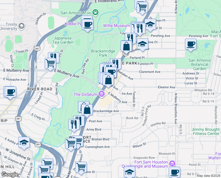 map of restaurants, bars, coffee shops, grocery stores, and more near 116 Ira Avenue in San Antonio