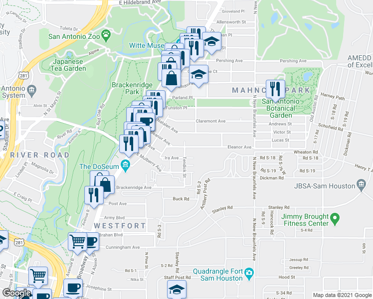 map of restaurants, bars, coffee shops, grocery stores, and more near 337 Ira Avenue in San Antonio