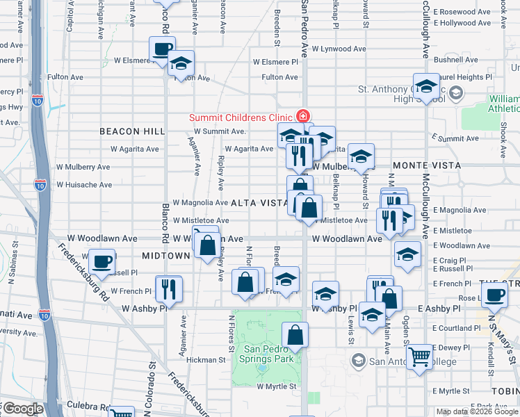 map of restaurants, bars, coffee shops, grocery stores, and more near 523 West Mistletoe Avenue in San Antonio