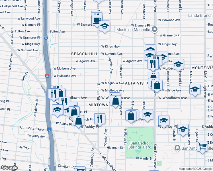 map of restaurants, bars, coffee shops, grocery stores, and more near 803 West Mistletoe Avenue in San Antonio