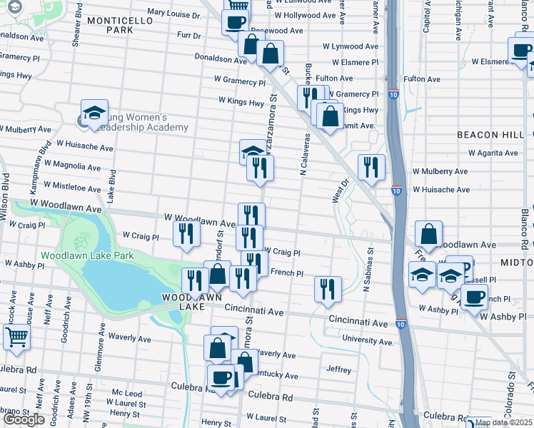 map of restaurants, bars, coffee shops, grocery stores, and more near 1633 West Woodlawn Avenue in San Antonio