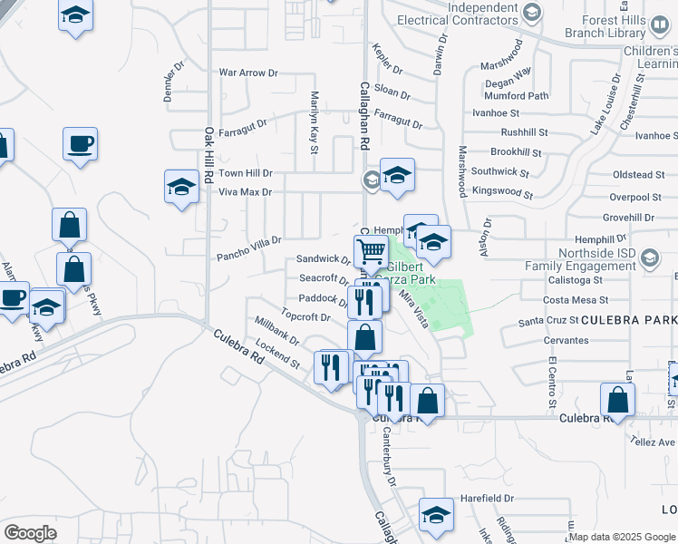 map of restaurants, bars, coffee shops, grocery stores, and more near 5922 Seacroft Drive in San Antonio
