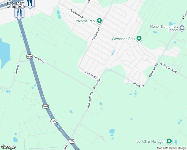 map of restaurants, bars, coffee shops, grocery stores, and more near 10629 Green Road in Converse