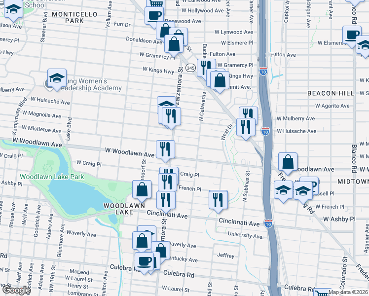map of restaurants, bars, coffee shops, grocery stores, and more near 1626 West Mistletoe Avenue in San Antonio