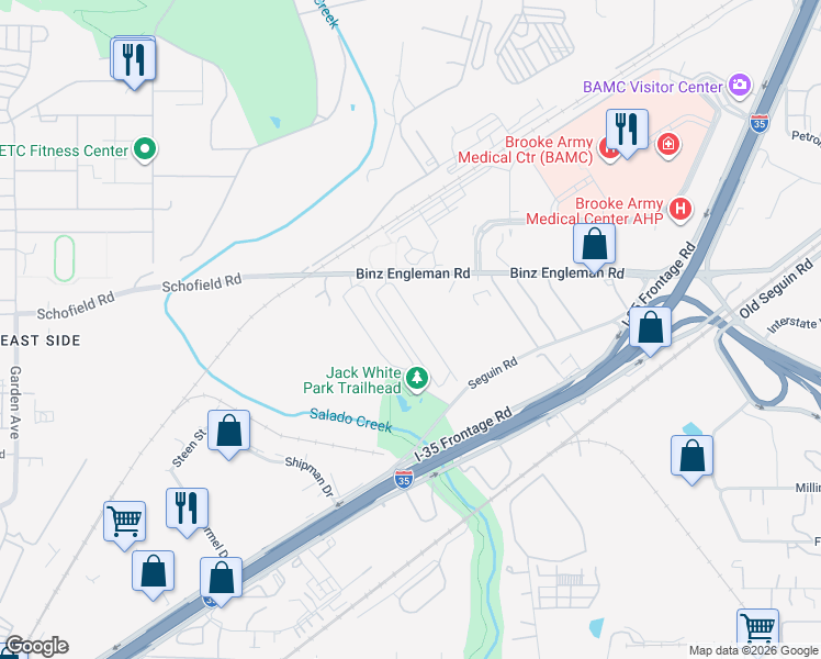 map of restaurants, bars, coffee shops, grocery stores, and more near 3714 Binz Engleman Road in San Antonio