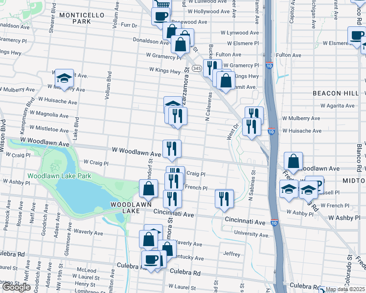 map of restaurants, bars, coffee shops, grocery stores, and more near 1633 West Woodlawn Avenue in San Antonio