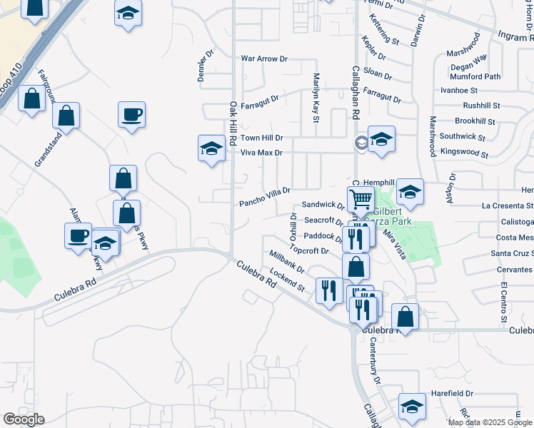 map of restaurants, bars, coffee shops, grocery stores, and more near 6146 Upwood Drive in San Antonio
