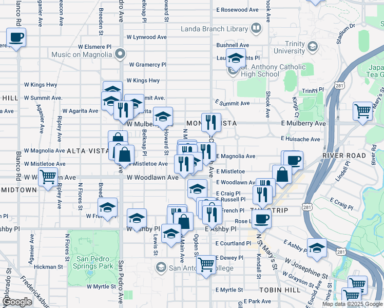 map of restaurants, bars, coffee shops, grocery stores, and more near 123 East Mistletoe Avenue in San Antonio