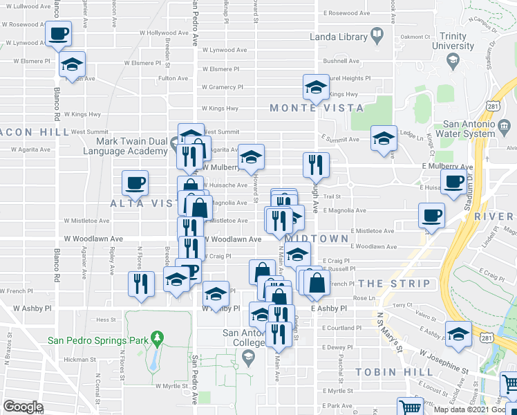 map of restaurants, bars, coffee shops, grocery stores, and more near 209 West Mistletoe Avenue in San Antonio