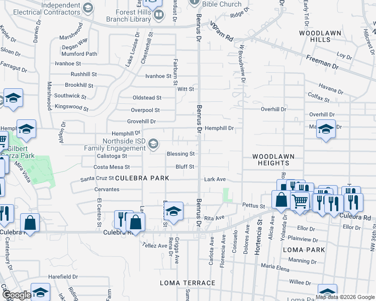 map of restaurants, bars, coffee shops, grocery stores, and more near 5022 Blessing Street in San Antonio