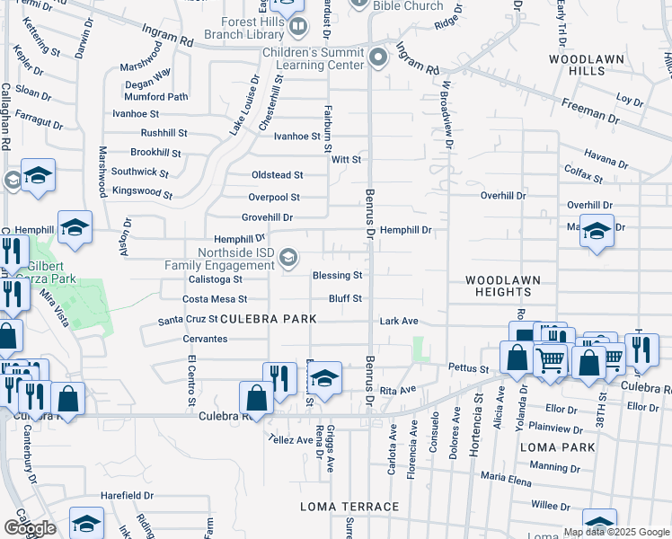 map of restaurants, bars, coffee shops, grocery stores, and more near 5118 Blessing Street in San Antonio