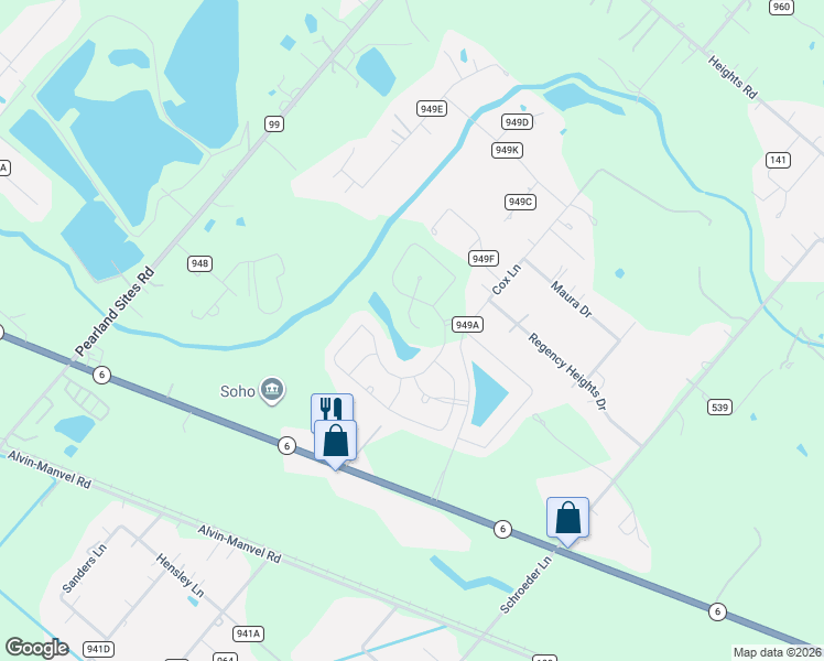 map of restaurants, bars, coffee shops, grocery stores, and more near 23209 Zinfandel Drive in Alvin