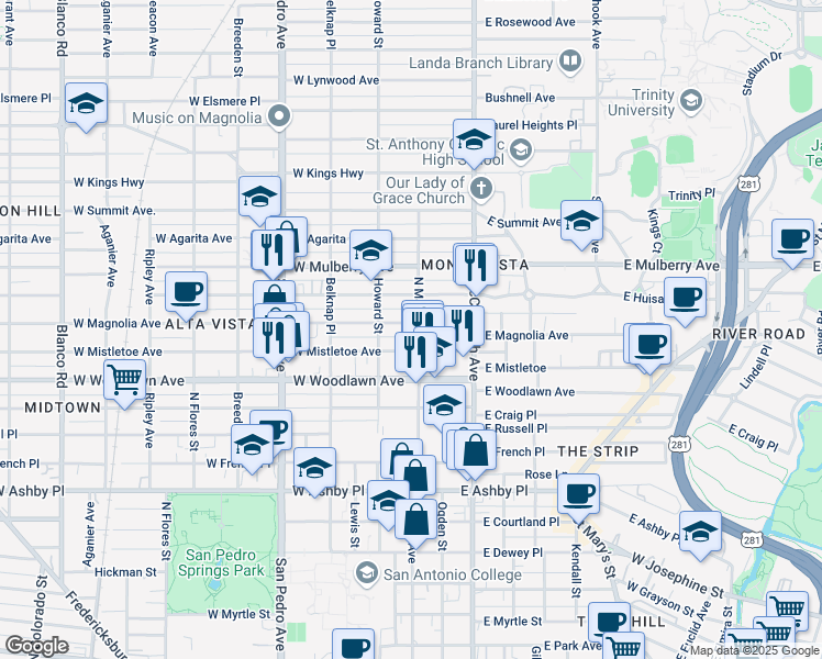 map of restaurants, bars, coffee shops, grocery stores, and more near 2611 North Main Avenue in San Antonio