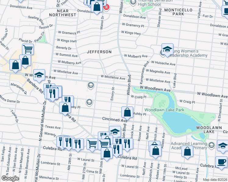 map of restaurants, bars, coffee shops, grocery stores, and more near 2634 West Craig Place in San Antonio