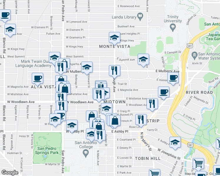map of restaurants, bars, coffee shops, grocery stores, and more near 138 East Magnolia Avenue in San Antonio