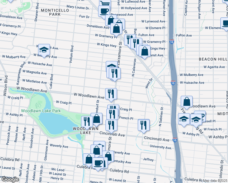 map of restaurants, bars, coffee shops, grocery stores, and more near 1702 West Mistletoe Avenue in San Antonio