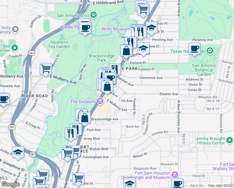 map of restaurants, bars, coffee shops, grocery stores, and more near 712 Ira Avenue in San Antonio