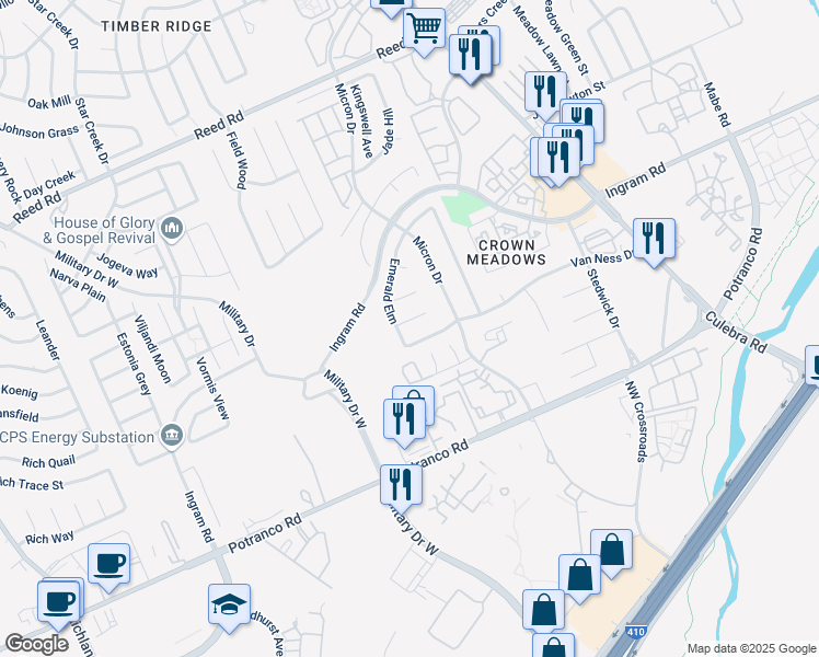 map of restaurants, bars, coffee shops, grocery stores, and more near 7858 Van Ness in San Antonio