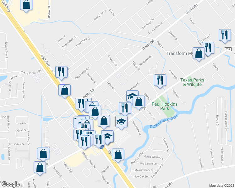 map of restaurants, bars, coffee shops, grocery stores, and more near 3306 Lobit Drive in Dickinson
