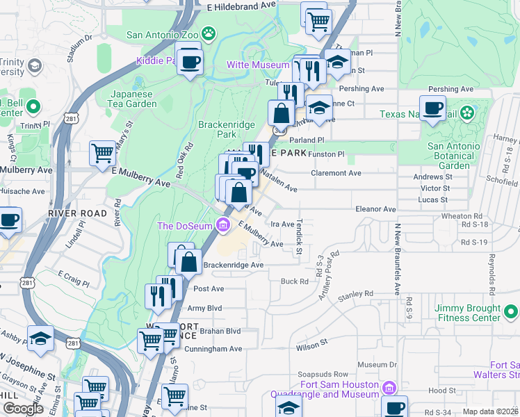 map of restaurants, bars, coffee shops, grocery stores, and more near 712 Ira Avenue in San Antonio