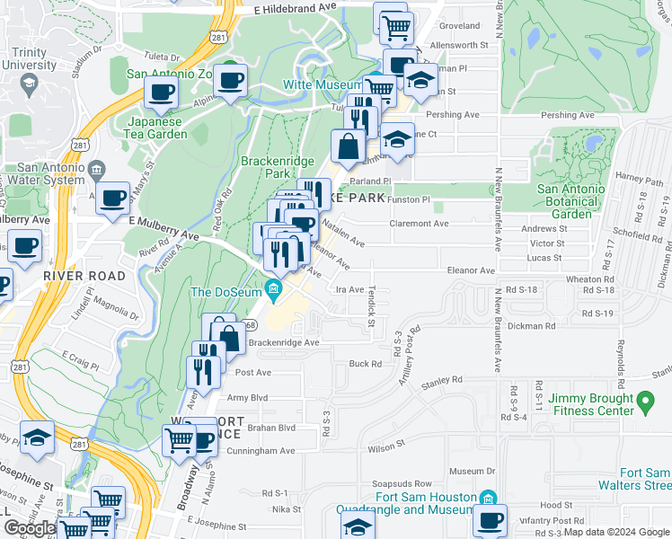 map of restaurants, bars, coffee shops, grocery stores, and more near 215 Wesley Place in San Antonio