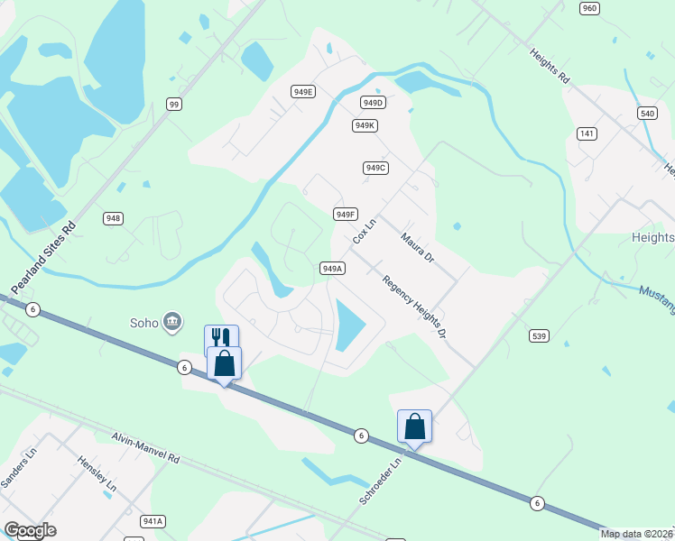 map of restaurants, bars, coffee shops, grocery stores, and more near 310 County Road 949A in Alvin
