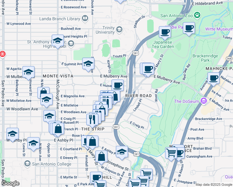 map of restaurants, bars, coffee shops, grocery stores, and more near 3233 North Saint Mary's Street in San Antonio