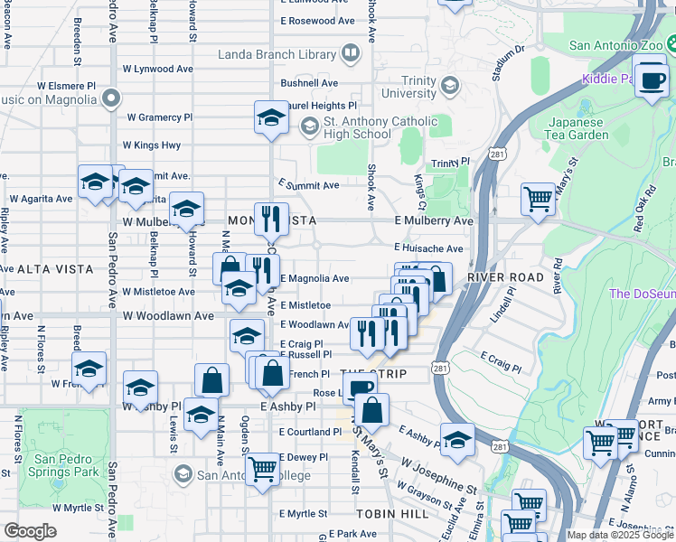 map of restaurants, bars, coffee shops, grocery stores, and more near 418 East Magnolia Avenue in San Antonio