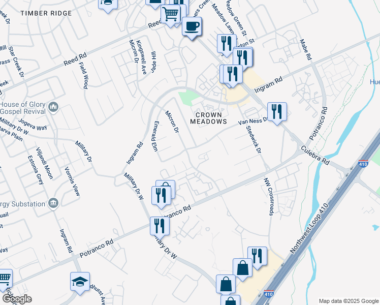 map of restaurants, bars, coffee shops, grocery stores, and more near 2102 Fox Meadow Drive in San Antonio