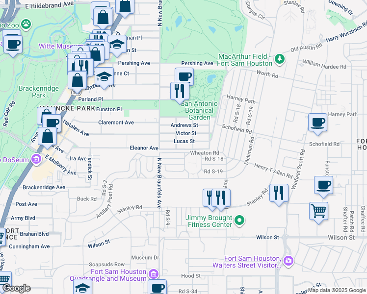 map of restaurants, bars, coffee shops, grocery stores, and more near 231 Lucas Street in San Antonio