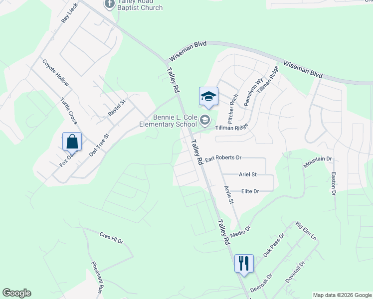 map of restaurants, bars, coffee shops, grocery stores, and more near 2155 Talley Road in San Antonio