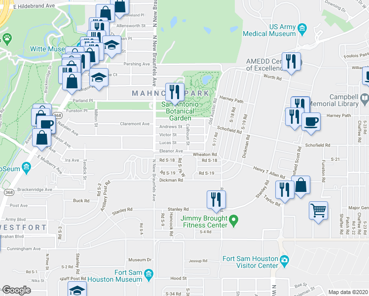 map of restaurants, bars, coffee shops, grocery stores, and more near 231 Lucas Street in San Antonio