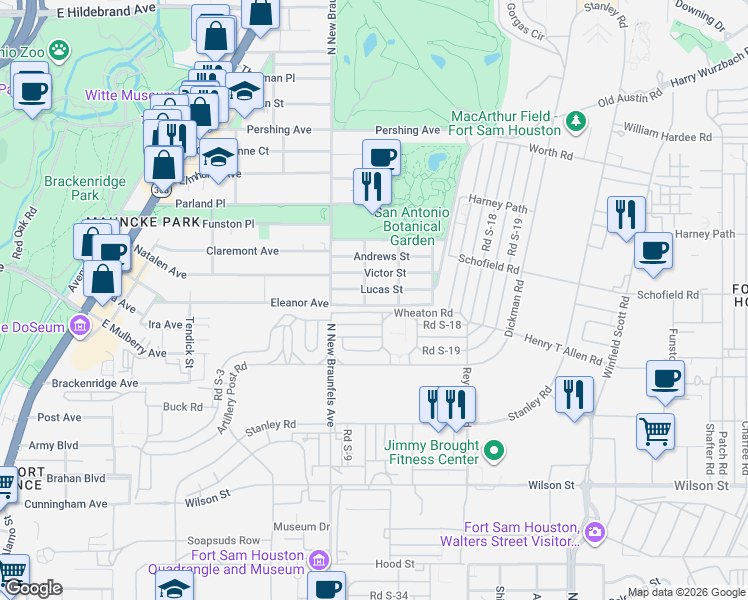 map of restaurants, bars, coffee shops, grocery stores, and more near 231 Lucas Street in San Antonio