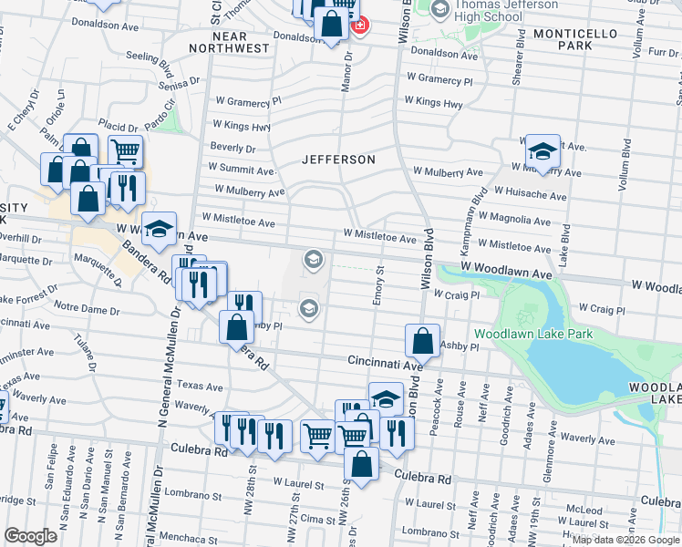 map of restaurants, bars, coffee shops, grocery stores, and more near in San Antonio