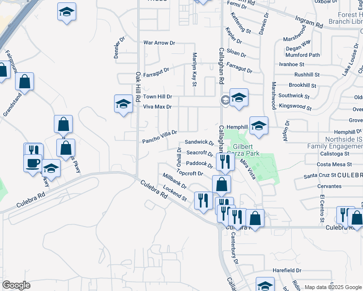 map of restaurants, bars, coffee shops, grocery stores, and more near 6022 Pancho Villa Drive in San Antonio