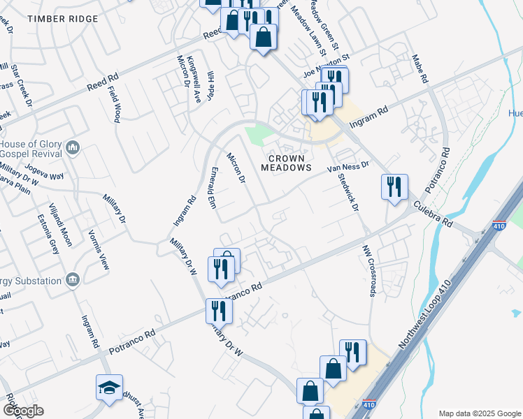 map of restaurants, bars, coffee shops, grocery stores, and more near 2102 Fox Meadow Drive in San Antonio